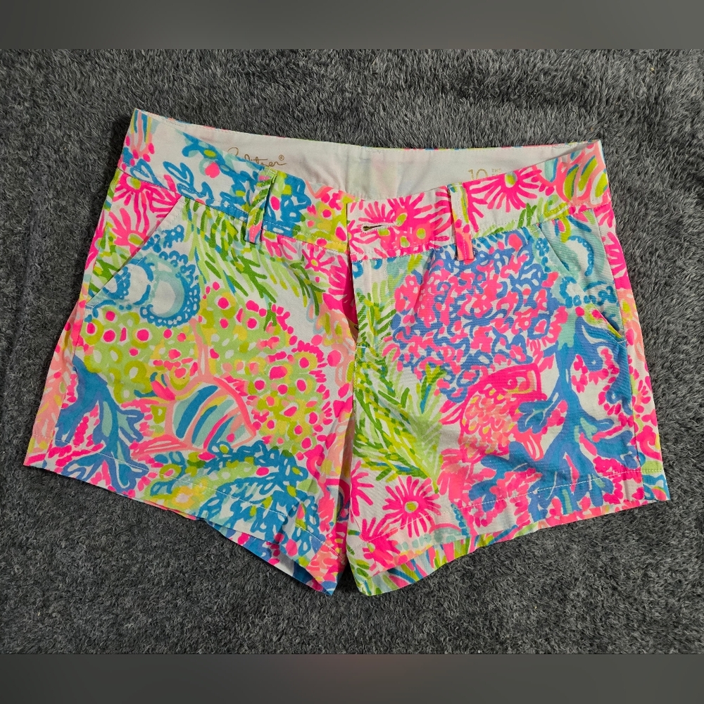 Lilly Pulitzer Pink and Blue Bermuda Shorts Vibrant Floral Design